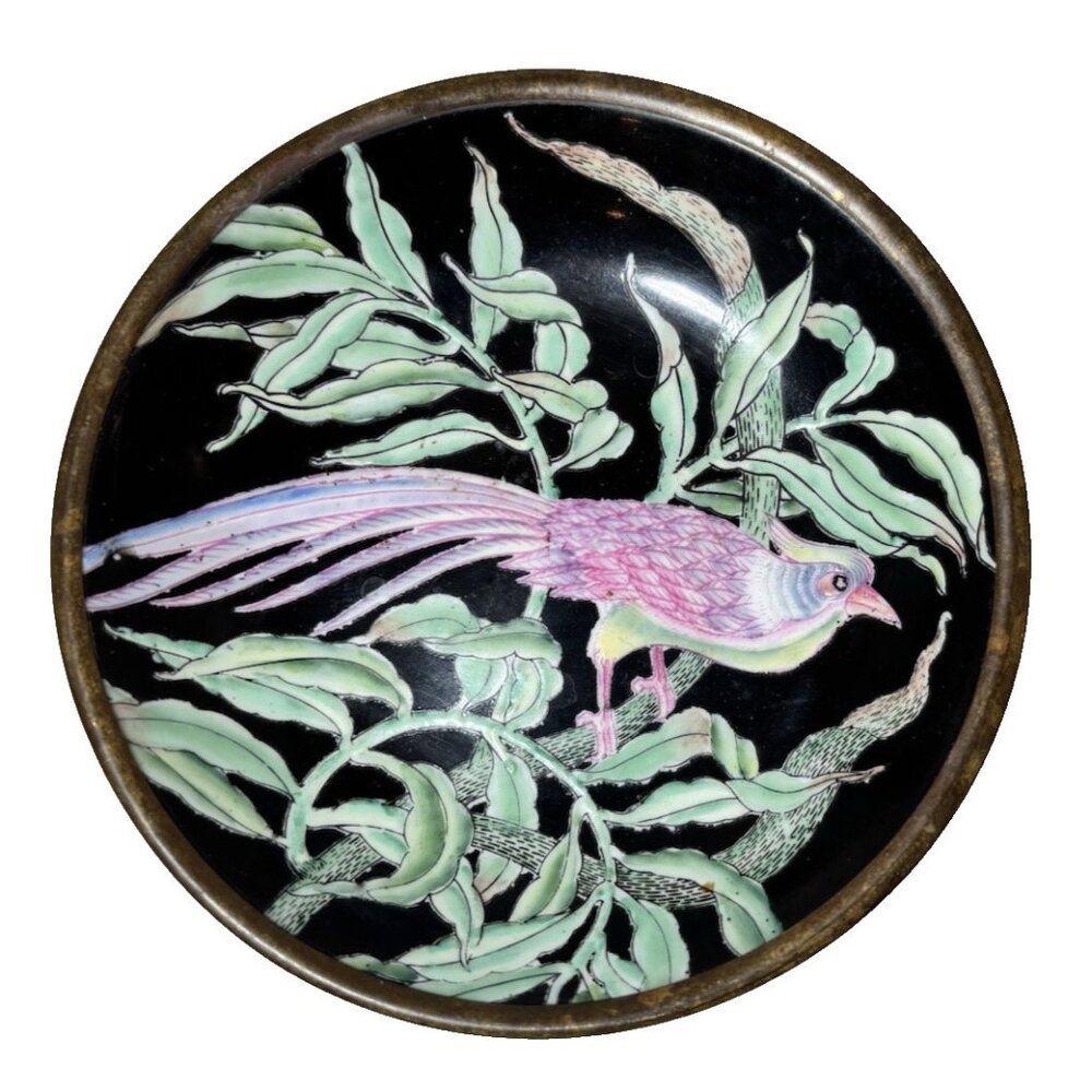 Vintage Brass Cloisonné Enamel Trinket Dish Floral Bird Pink & Green 5.5"